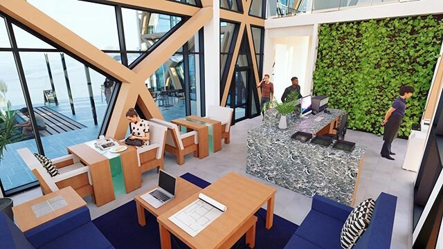 Now that competition is over, we&rsquo;d like to share some of the amazing interior renderings made by @amysextondesign ! This is a view of the atrium/lobby space for residents to socialize and enjoy the open environment.
