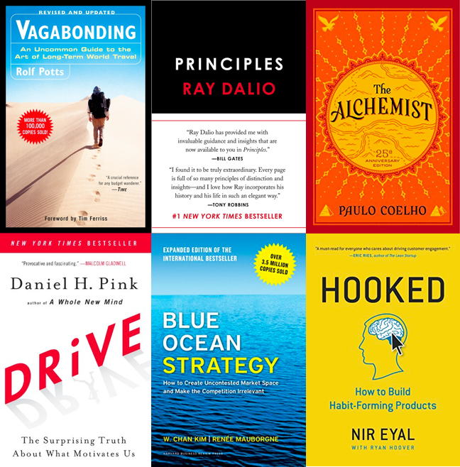 Vagabonding, Principles, The Alchemist, Drive, Blue Ocean Strategy, Hooked