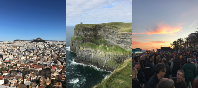 Left to right: Athens, Cliffs of Moher, Carnaval Stiges