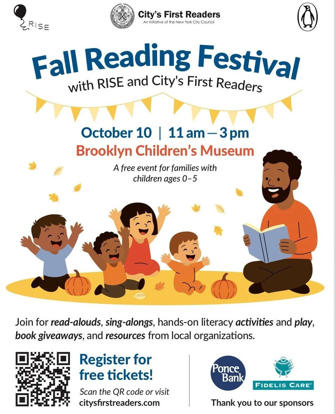 Join City&rsquo;s First Readers (@citys_first_readers) and RISE on October 10th! Bring your little ones (ages 0-5) for a magical day filled with stories, singing, and play! Brooklyn Book Bodega will be there with books for ages 0-5. ⁠
⁠
⁠📅 Friday, O