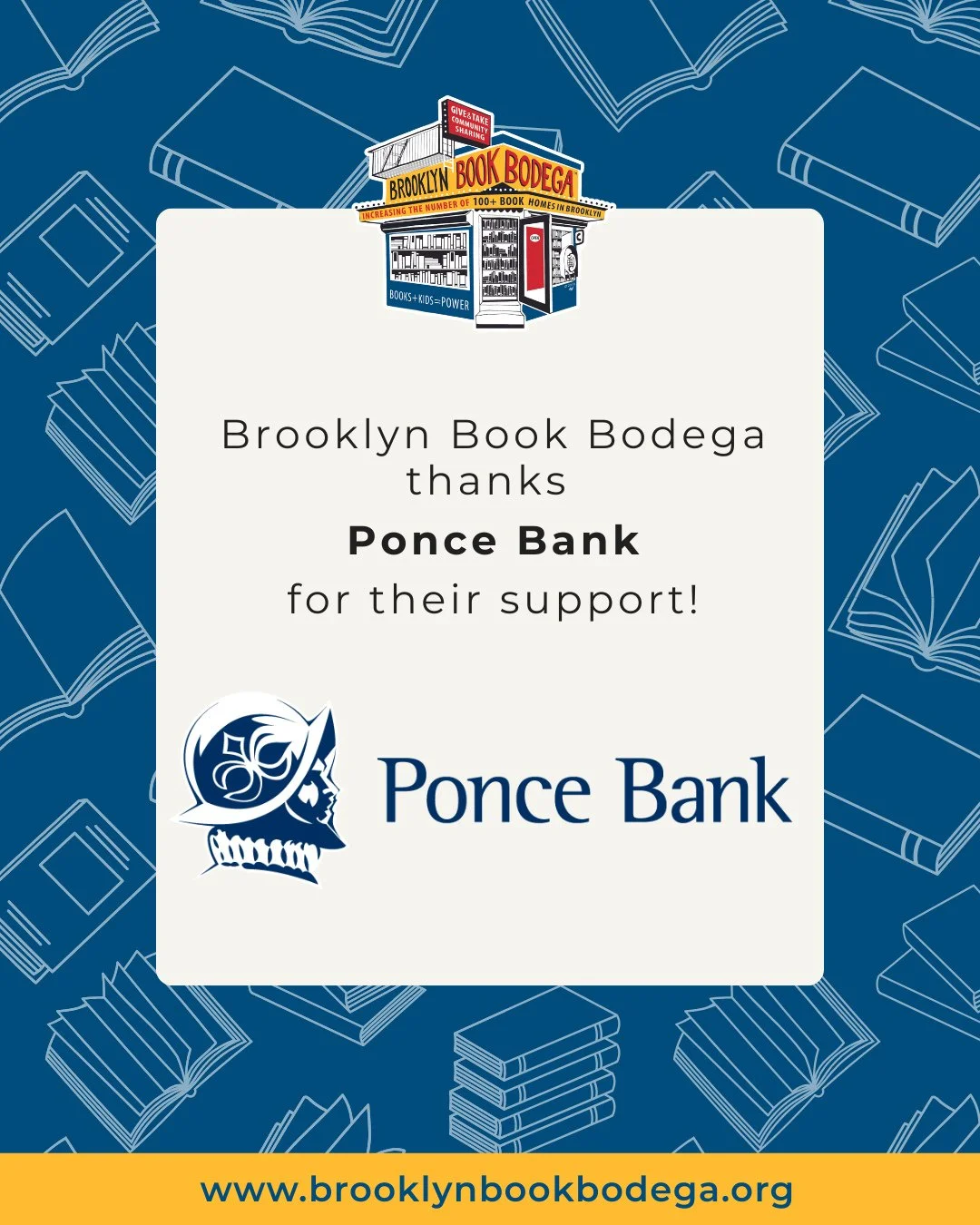 Brooklyn Book Bodega is proud to have the support of @PonceBank. Their recent donation has allowed us to purchase operating supplies for our Book Hub, where we stamp and sort books that make it into the hands of kids across New York City. ⁠
⁠
Thank y