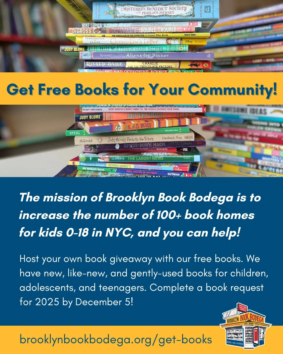 Do you have an upcoming end of year or holiday event? Submit a book request to host your own book giveaway!⁠
⁠
We want as many kids as possible in New York City to have books that they want to read. If you are part of an organization, educator, or ev