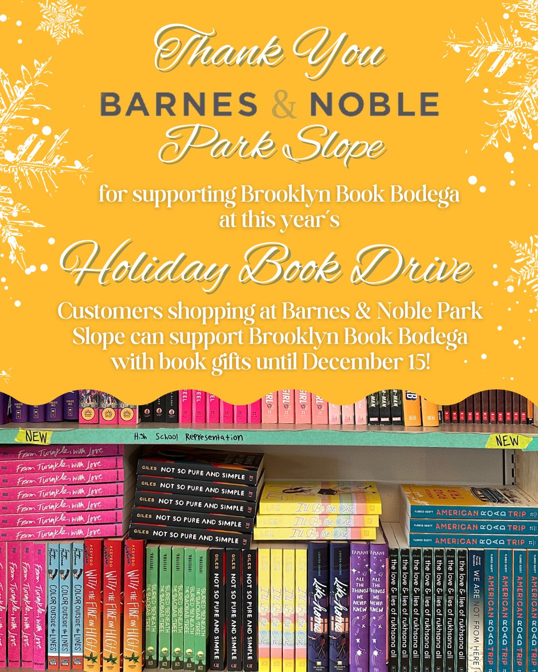 Thank you to Barnes &amp; Noble Park Slope (@bnparkslope) for choosing to support Brooklyn Book Bodega for their Holiday Book Drive!⁠
⁠
From now through December 15, shoppers can purchase a book gift to support Brooklyn Book Bodega, which will then m