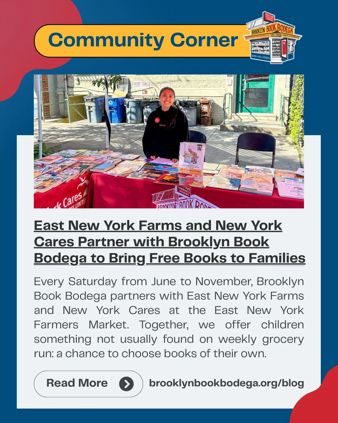 NEW Community Corner article alert! ⁠
⁠
In our latest Community Corner blog post, we dive into our partnership with East New York Farms (@enyfarms) and New York Cares (@newyorkcares). This partnership enables the distribution of thousands of books du