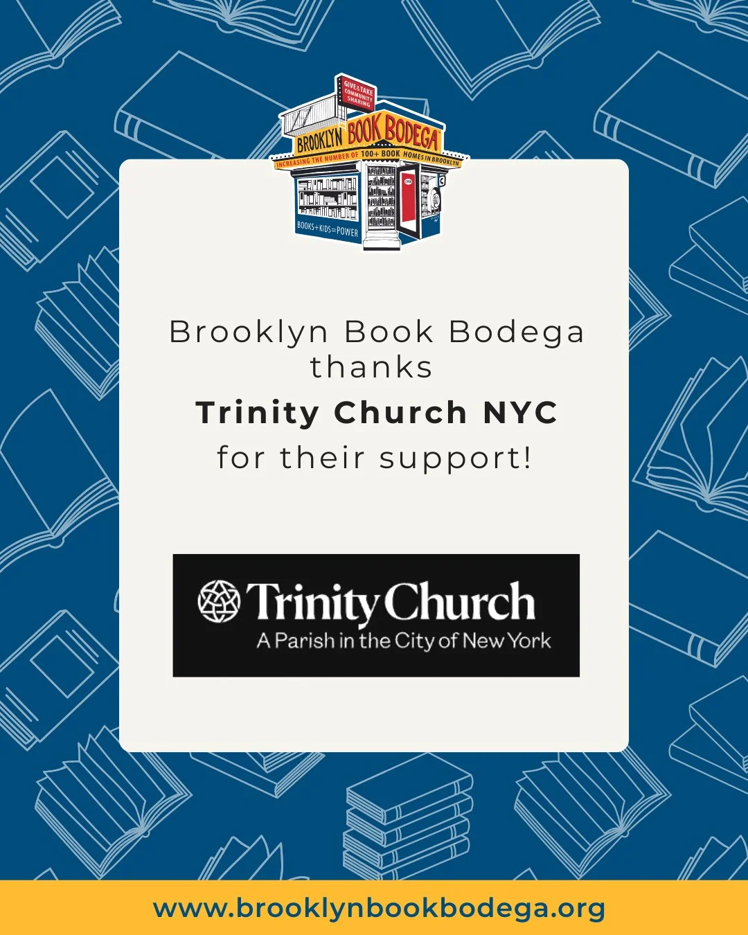 We're thrilled to announce that we're a 2026 grantee of Trinity Church NYC!⁠
⁠
This grant will bolster our general operations, allowing us to strengthen the infrastructure that makes all of our work possible, from book distribution to literacy progra