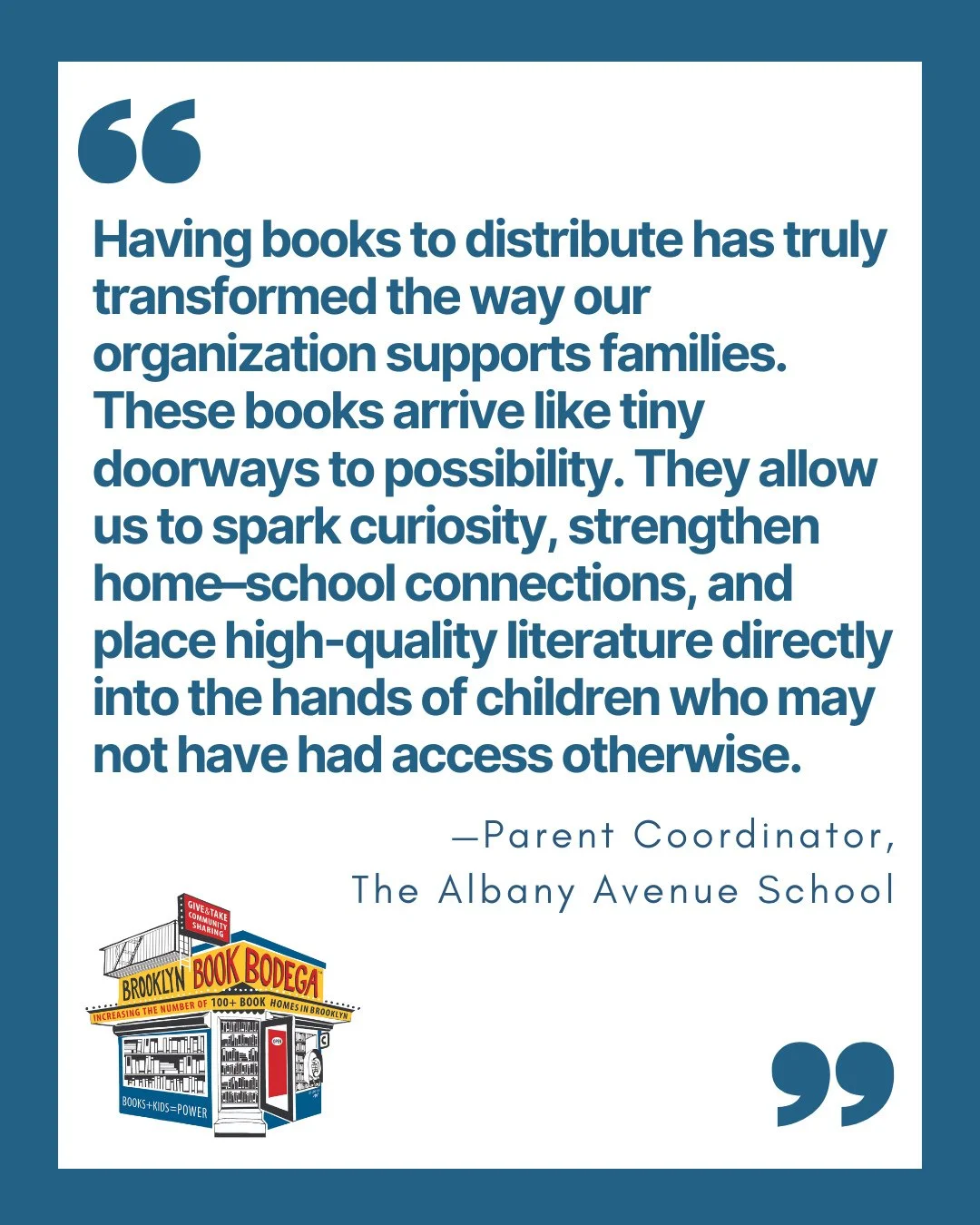 "Having books to distribute has truly transformed the way our organization supports families. These books arrive like tiny doorways to possibility. They allow us to spark curiosity, strengthen home&ndash;school connections, and place high-qualit