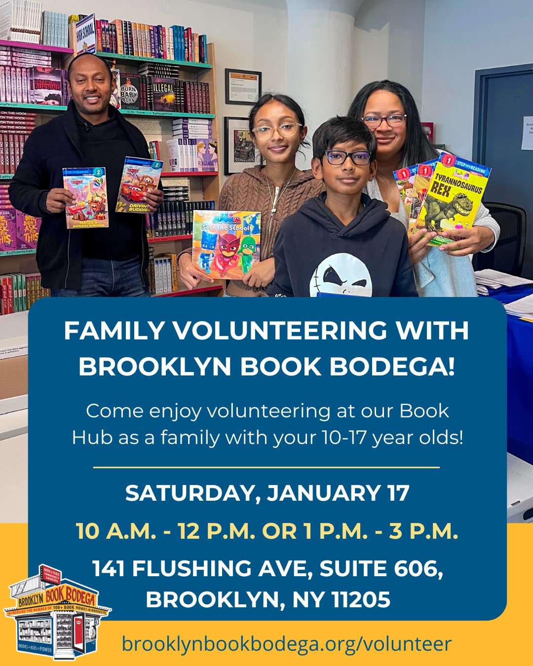 Join Brooklyn Book Bodega for Family Volunteering! Bring your 10-17 year olds to our Book Hub at the Brooklyn Navy Yard and spend a few hours helping us stamp and sort books. ⁠
⁠
📅 Saturday, January 17⁠
🕘 10:00 a.m. - 12:00 p.m. OR 1:00 p.m. - 3:00