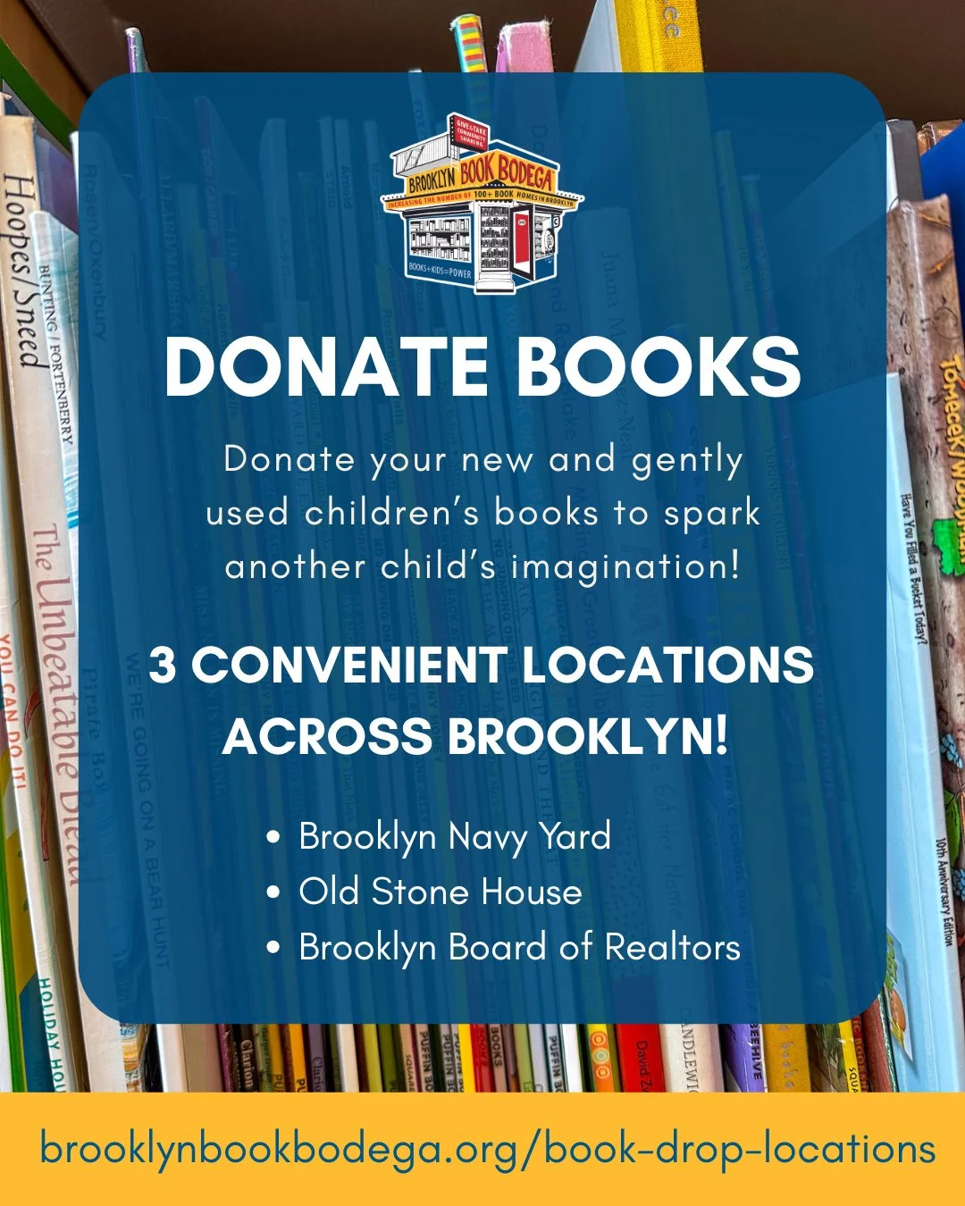 Do you have books your child has outgrown for the new year? Donate them to Brooklyn Book Bodega!⁠
⁠
Drop off your gently-used, like-new books at one of our three donation locations and help another child discover their next favorite book.⁠ ⁠
⁠
Books 