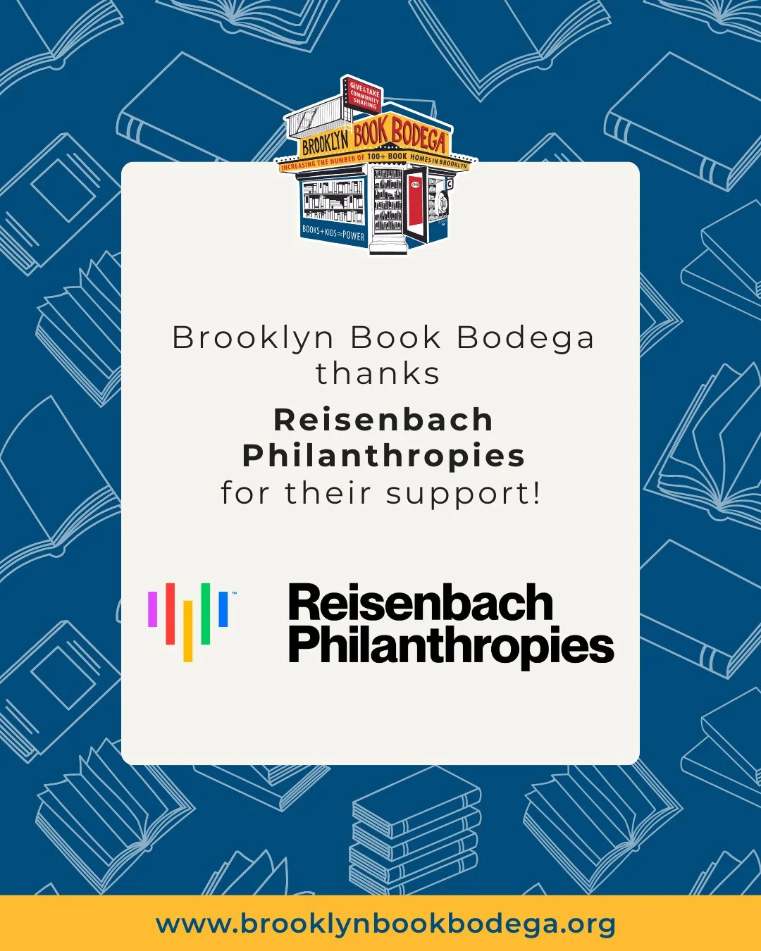 We're partnering with Reisenbach Philanthropies (@reisenbach_nyc) to create a Book Bodega Community Library that will facilitate book access and reading in Brooklyn.⁠
⁠
This Book Bodega will help to bridge the opportunity gap and weave book access in
