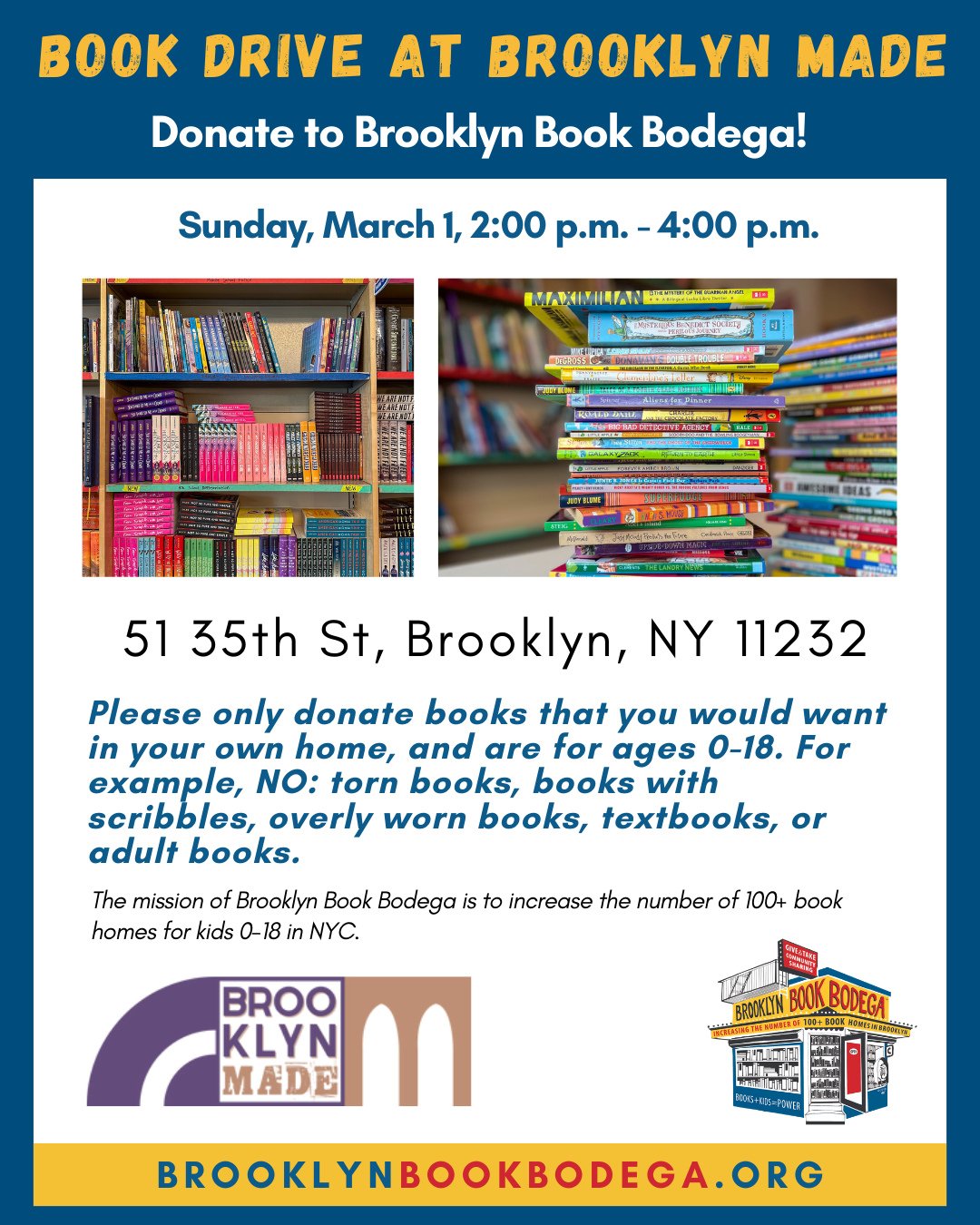 Join us for a rescheduled Black History Month celebration and a Brooklyn Book Bodega Book Drive at the Brooklyn Made Store (@bklynmadestore) in Industry City!⁠
⁠
This children's event will have activities led by Malcolm Dill, creator of @marvinsfirst