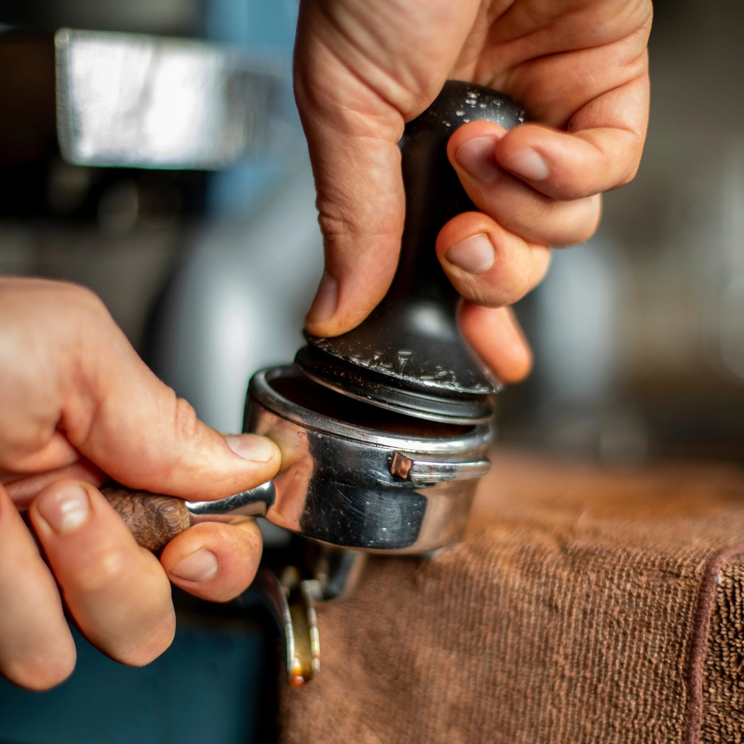 tamping coffee grinds