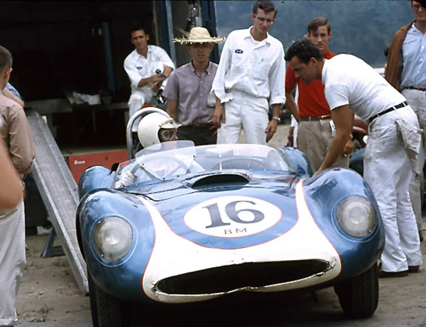 Harry Heuer behind the Meister Brauser trailer. His Scarab hit a cone and had it trapped beneath the car. He had to pit to have it taken out and finished 12th