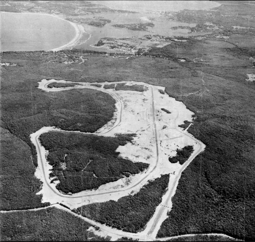 Bridgehampton was a very fast circuit surrounded by sand dunes. It was far out on Long Island and high atop a hill with a commanding view of Sag Harbor. This is photo taken during construction