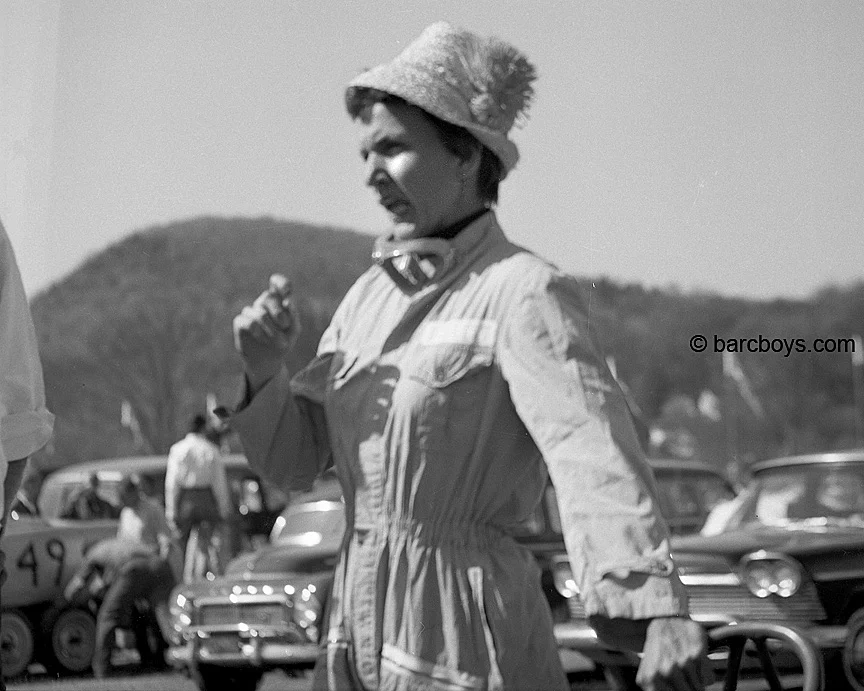 Denise McCluggage loved her hats almost as much as racing. In those days she wore a polka dot helmet.