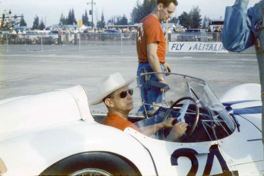 Dave Causey sits in his birdcage Maserati warming it up before the start.