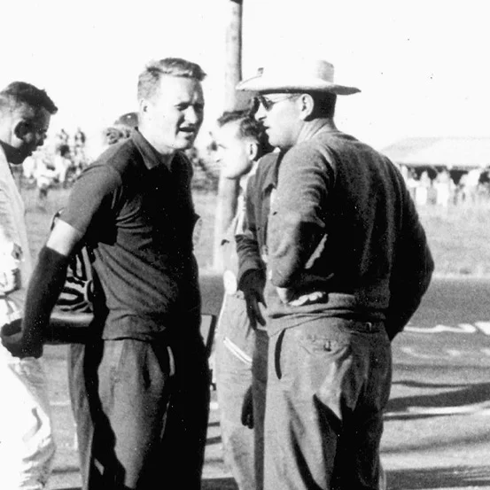 JOHN BISHOP: Not known as a driver, John Bishop did more for sports car racing in the US than anyone. He brought the SCCA our of the “old boy” club into pro racing and started IMSA. He and his wife Peg were friends to everyone and deserve every award imaginable. Here at Watkins Glen talking to Walt Hansgen (in hat).