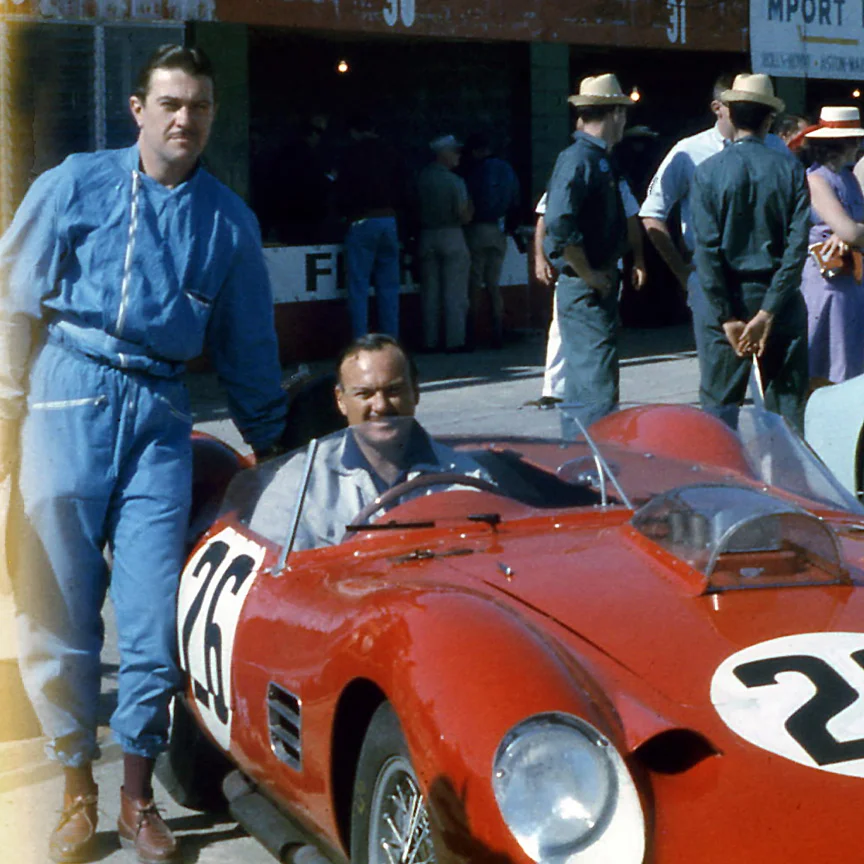 ALAN CONNELL: Connell (in car) A Fort Worth rancher and oil man was introduced to racing by Hap Sharp. Here he co-drives with Ed Hugus in this Ferrari. Connell had many successes in Ferrari’s and in his birdcage Maserati.