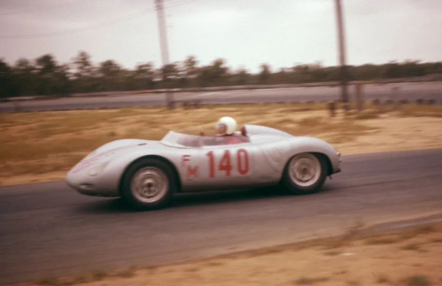 Bob Holbert testing his RSK. He put it was just a shakedown and he put the car on the side and drove the Maserati.