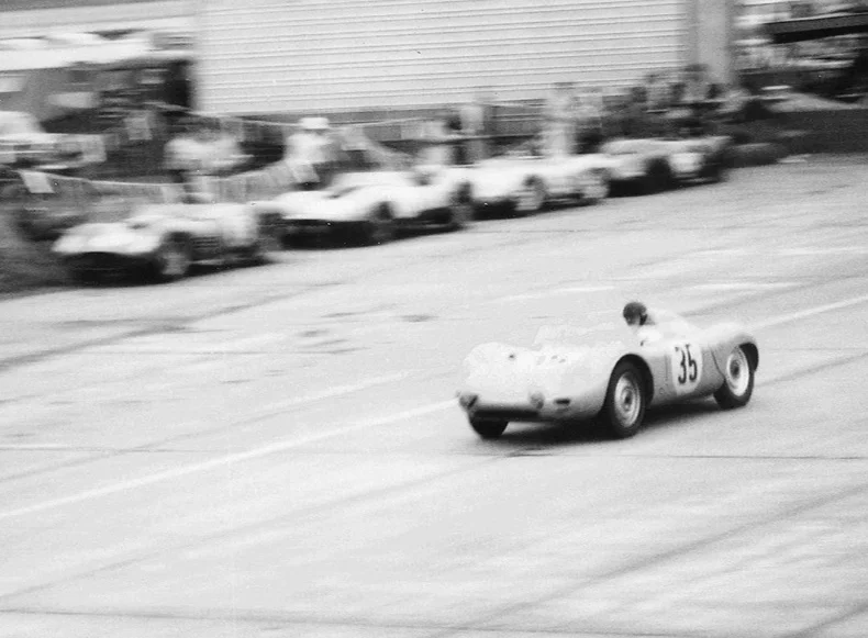 Ken Miles takes his RSK past the dead car park. Miles co drove with Jack McAfee to 8th overall and 3rd under 1.5 liters.