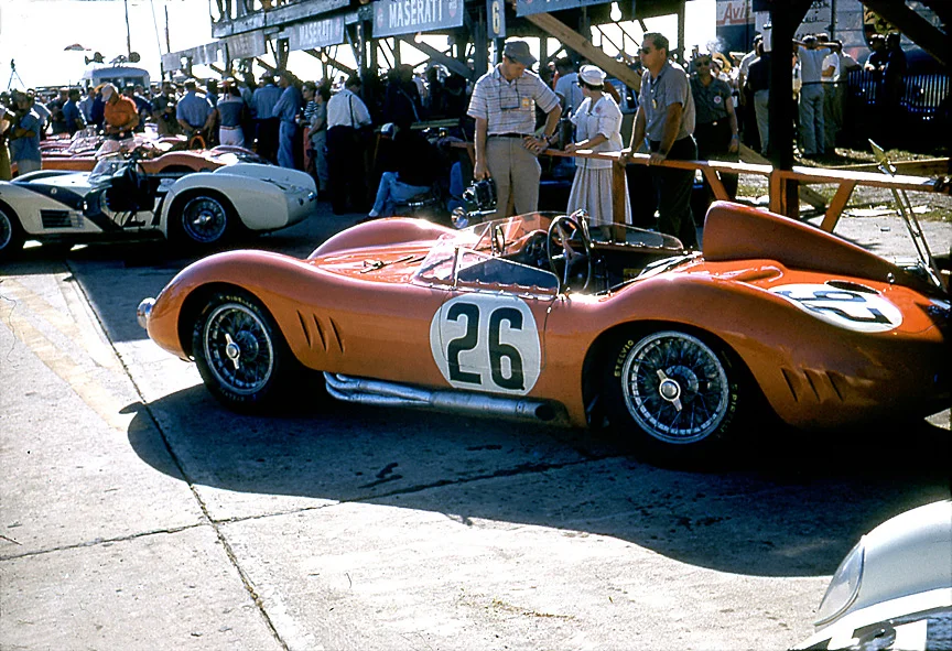 The 2 liter Maserati of Jim Kimberly and Ted Boynton from the side with the Reventlow 2.0S #27 in US racing colors behind. 1957 was not kind as neither of these cars survived the race.
