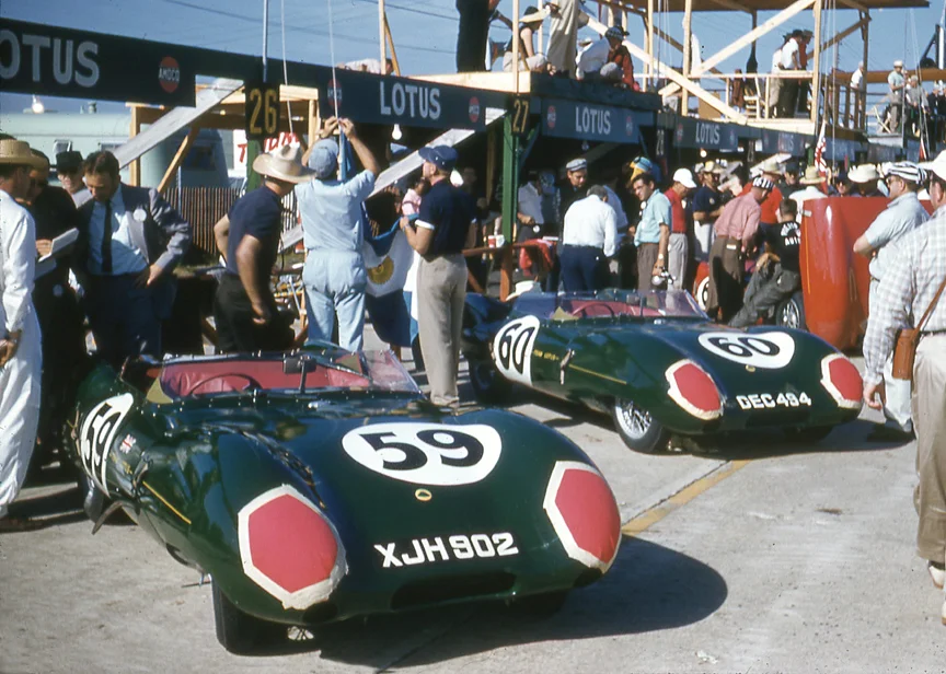 The Lotus team cars. #59 won Sport 1100 with Colin Chapman, Joe Shephard and Dick Dungan . The #60 of west coast drivers was a dnf.