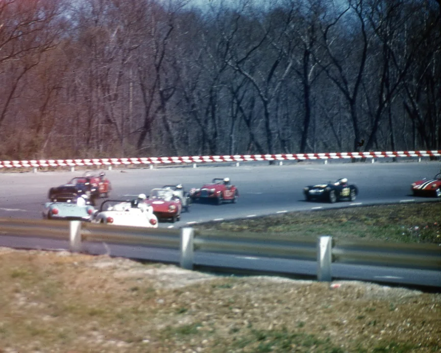 Start of EP race with Mark Donohue leading Jay Signore. BARCBOY Sherm Decker's black MG leaning wildly as Decker wheels it to 6th. Donohue would win , Signore was 2nd.