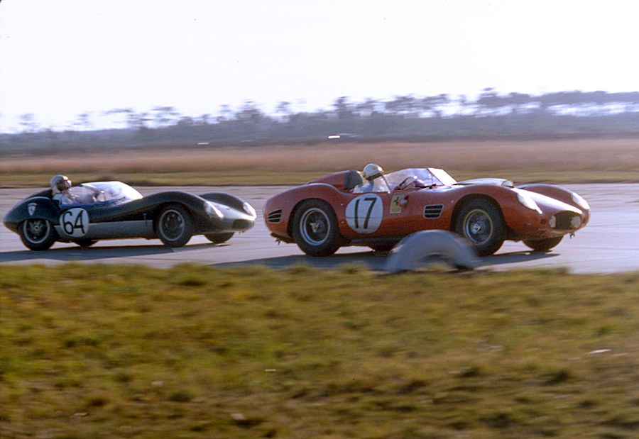 Rip Ripley chases Pedro Rodriguez in his Testa Rosa. The Rodriguez brothers would lead the race but fall back to 3rd when they had to stop to fix the generator. Their lights did not work.