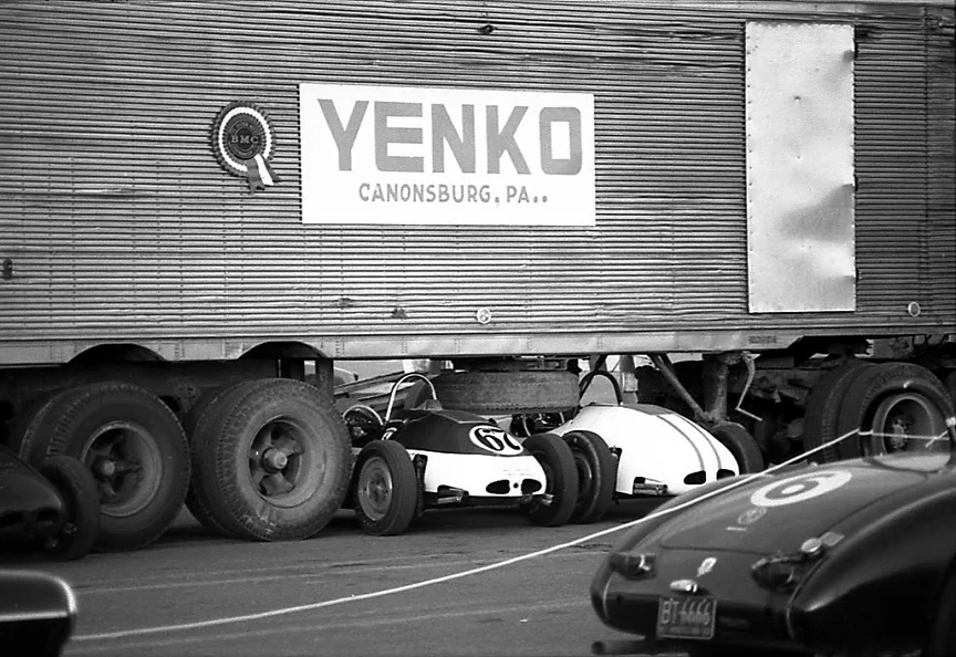 BARC member Don Yenko let us park the Vees under his truck to stay dry overnight. The Nicholas MGA #6, had a tonneau cover.