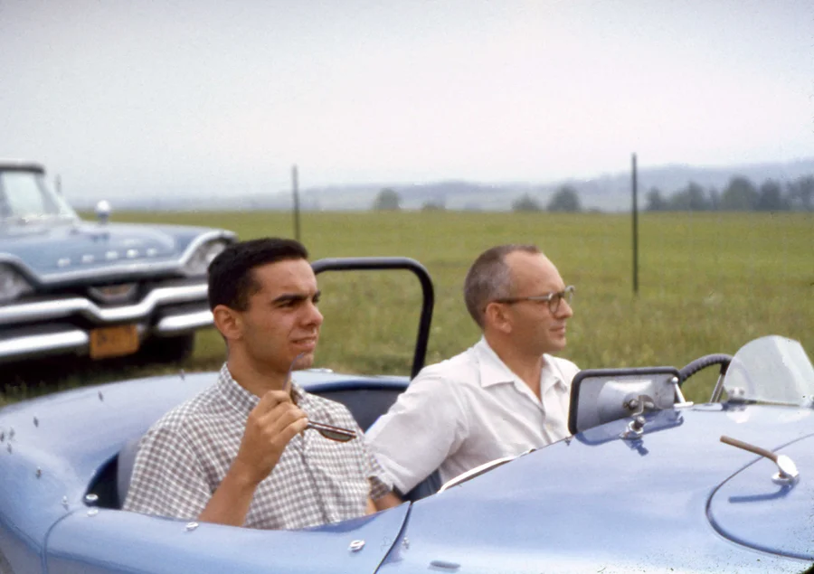 BARC founder Dave Nicholas sits and tries to look cool as he takes a ride in Archie Means race winning AC Bristol. He fails, but it still was a great ride.