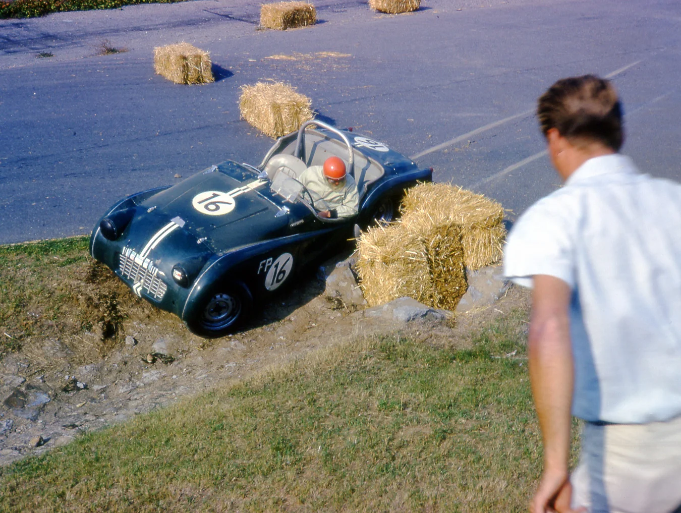 Eugene Hammer missed this corner, hit the bales and is trying to reverse out of the ditch. He did finish, but a lap down in 22nd.