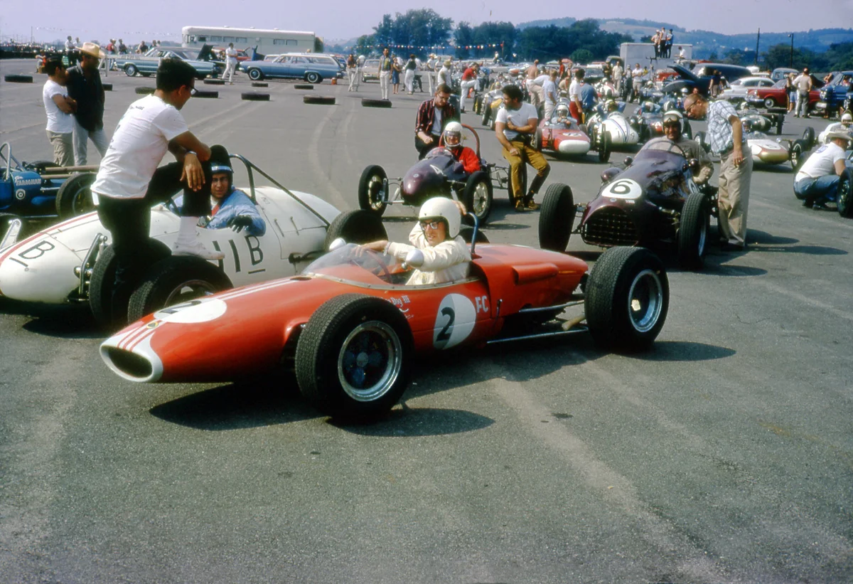 BARC memeber Harry Reynolds sits on the grid ready to go out in an amazing Formula car race. Formula A,B, C, Vee and I thought I saw a Formula Saab in there. Harry beat them all including the #6 FA Cooper just behind Harry.