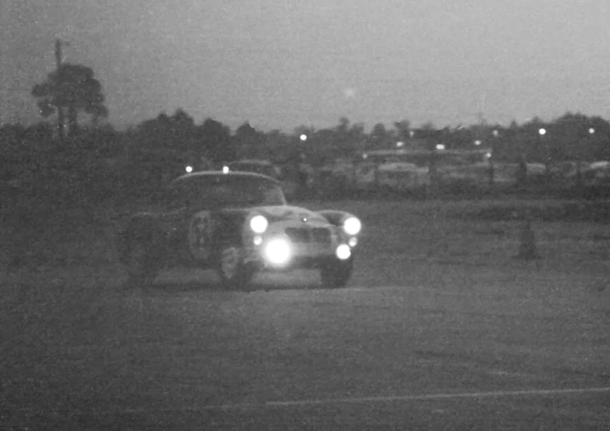 The 53 car, now owned by John Wright, race through the night, lights blazing. Back in the day there were no huge lights as today. When the sun set on the flat lands of Florida it got dark - quickly.