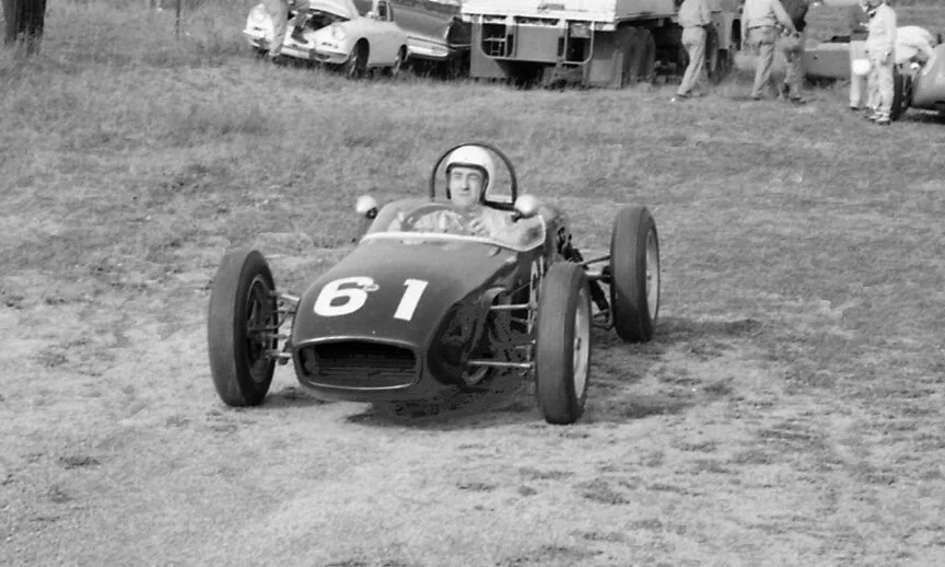 A rare shot of Briggs Cunningham in a Lotus Formula Junior. Briggs practiced in the car but it never raced.