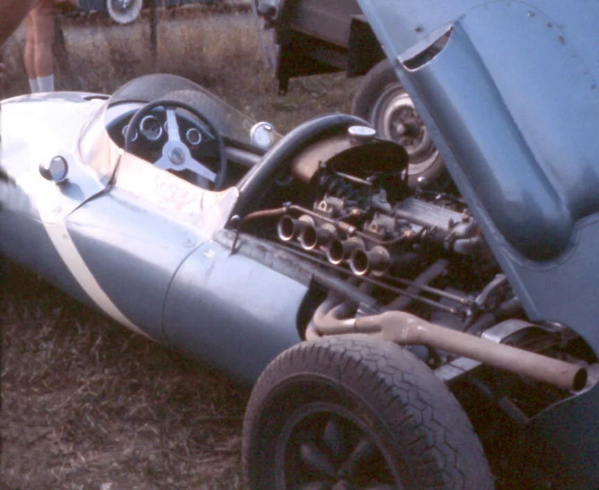 The business end of Stutz Plaisted’s older Cooper F1 car with its 2.5 liter Climax engine.