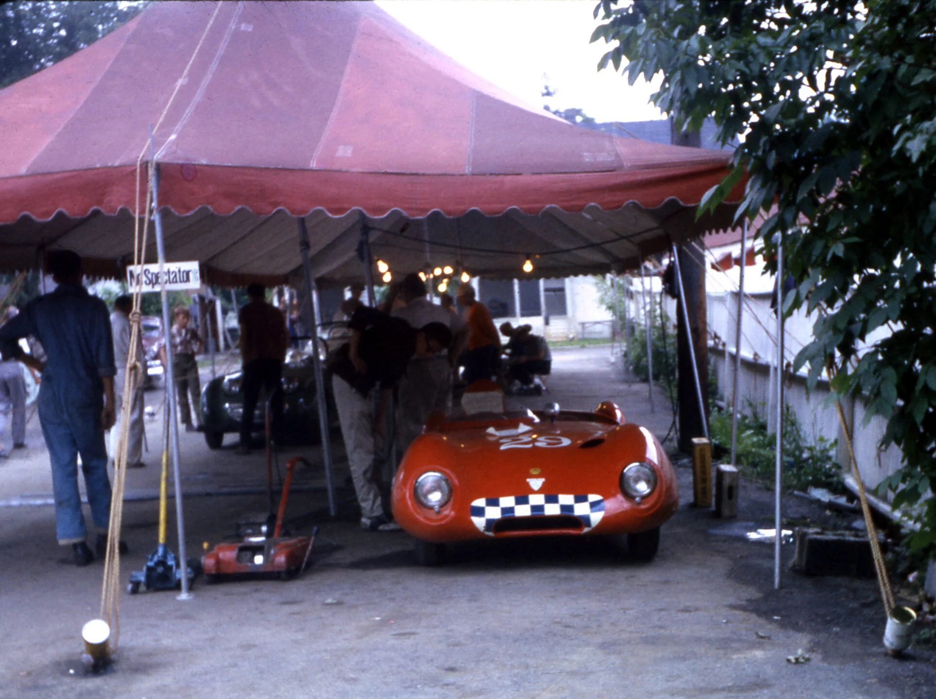 The backyard of Smalley’s Garage where cars lined up for tech inspection. Bucher’s Lotus is getting the final look over. Jake would win the unrestricted race in the fastest time of the weekend. We are not sure why he did not enter the main race for all modifieds.