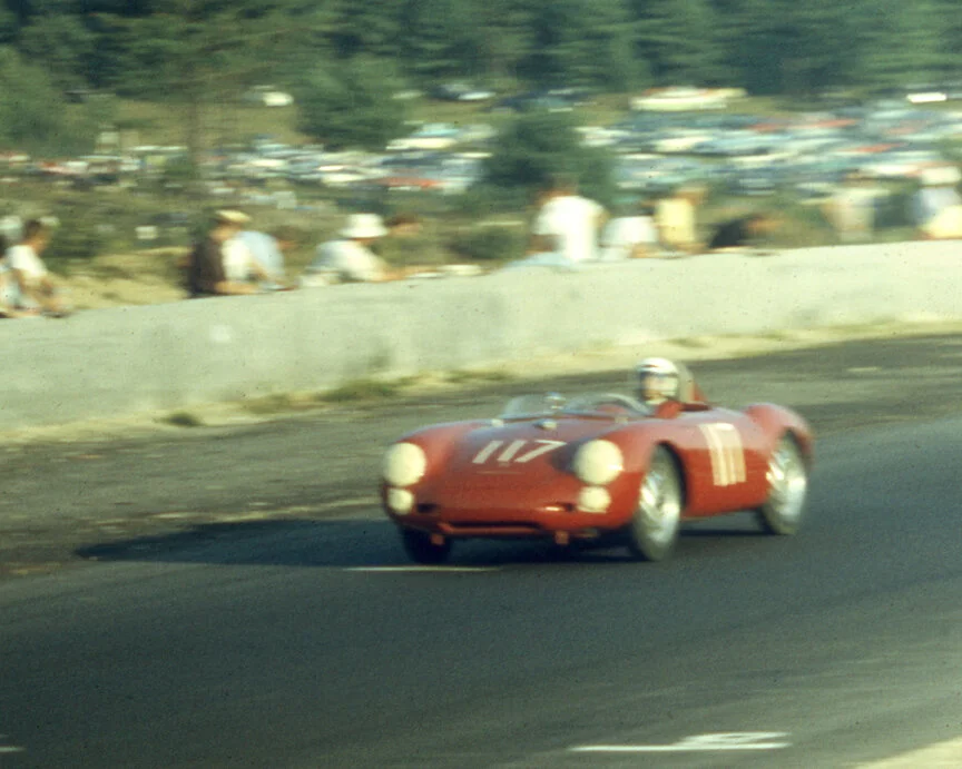 An unusual red Porsche 550 was campaigned by Joe Trotter. By 1959 the 550 was outdated being replaced by the RSK introduced in 1958. The 550’s were still great cars and Trotter enjoyed many a weekend with the car.