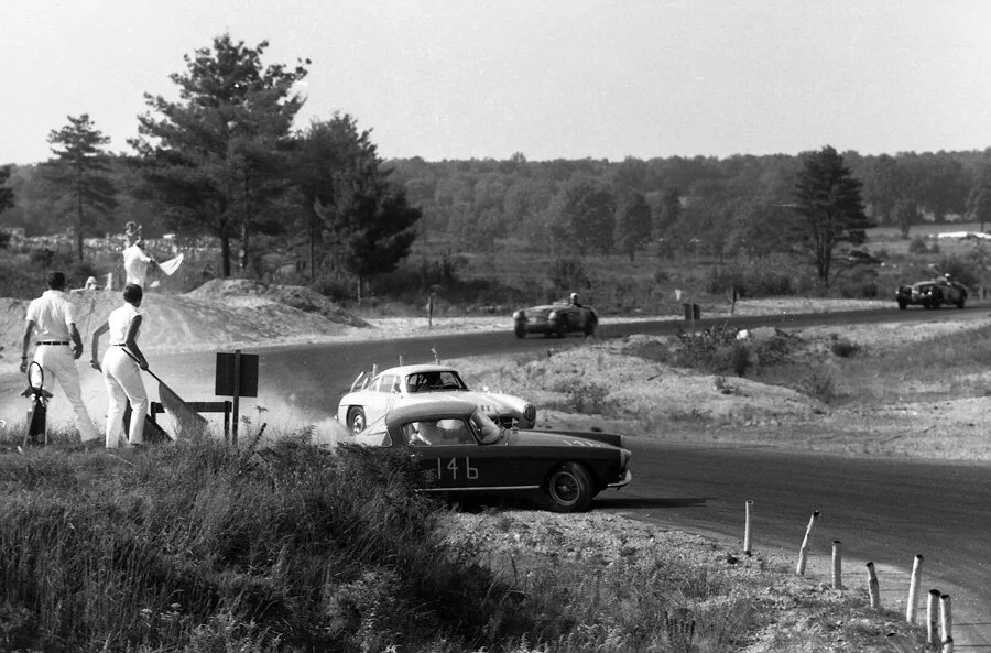 Sunday’s production race had Dean McCarthy’s 250GT Ferrari spin while leading Jerry Loman’s Mercedes-Benz 300SL. Monday McCarthy would keep it straight and beat Loman.