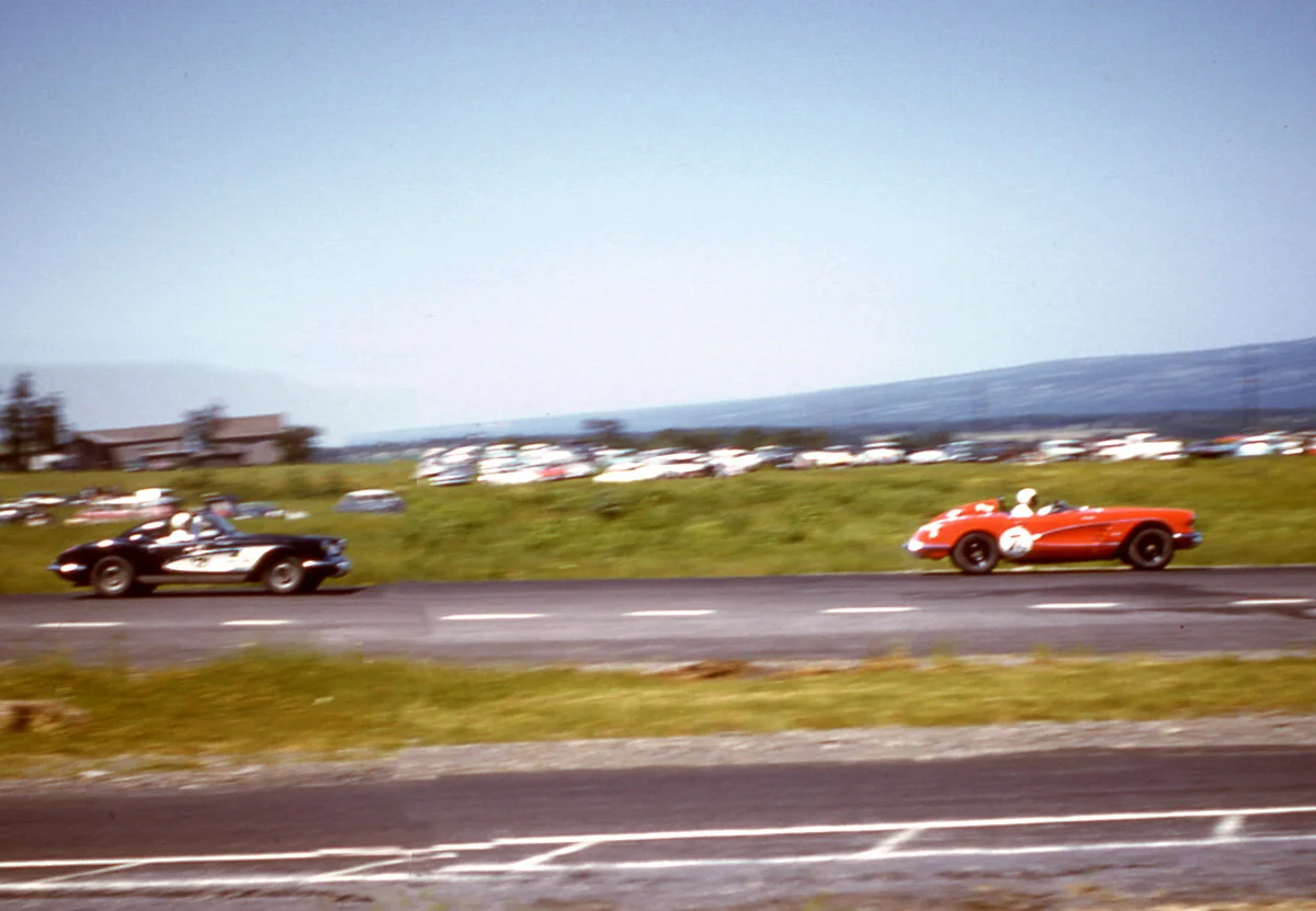 Ed Meyer’s red Corvette leads good old Homer Dasey’s Corvette. Both competed in every race held at the Glen. And both usually did well.
