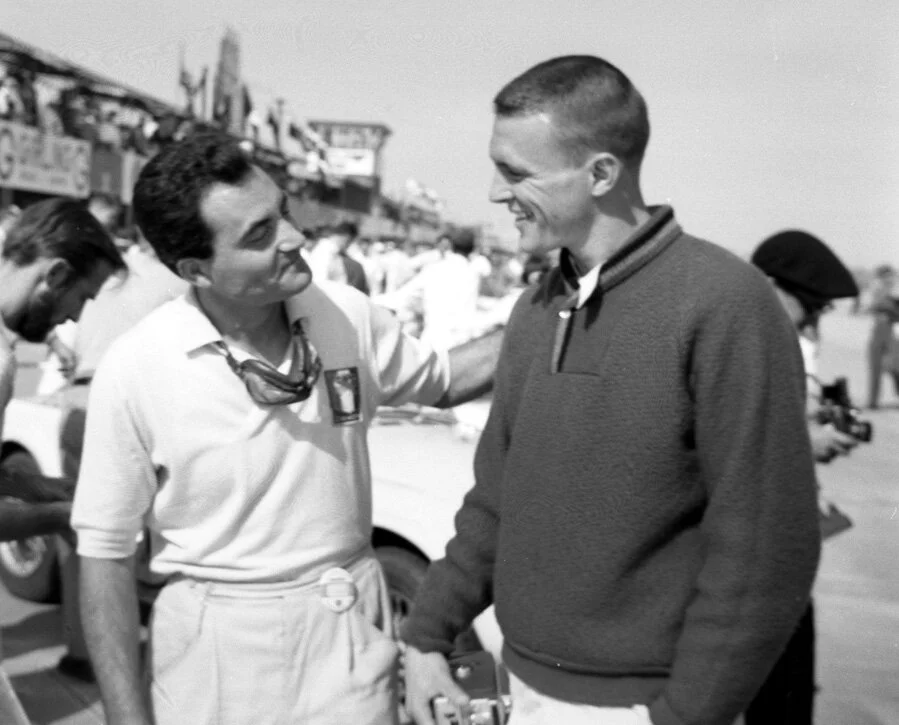 GIORGIO SCARLATTI: At Sebring 1960 with Dan Gurney. Scarlatti was a wealthy Roman and a decent driver. Better in sports cars than F1.
