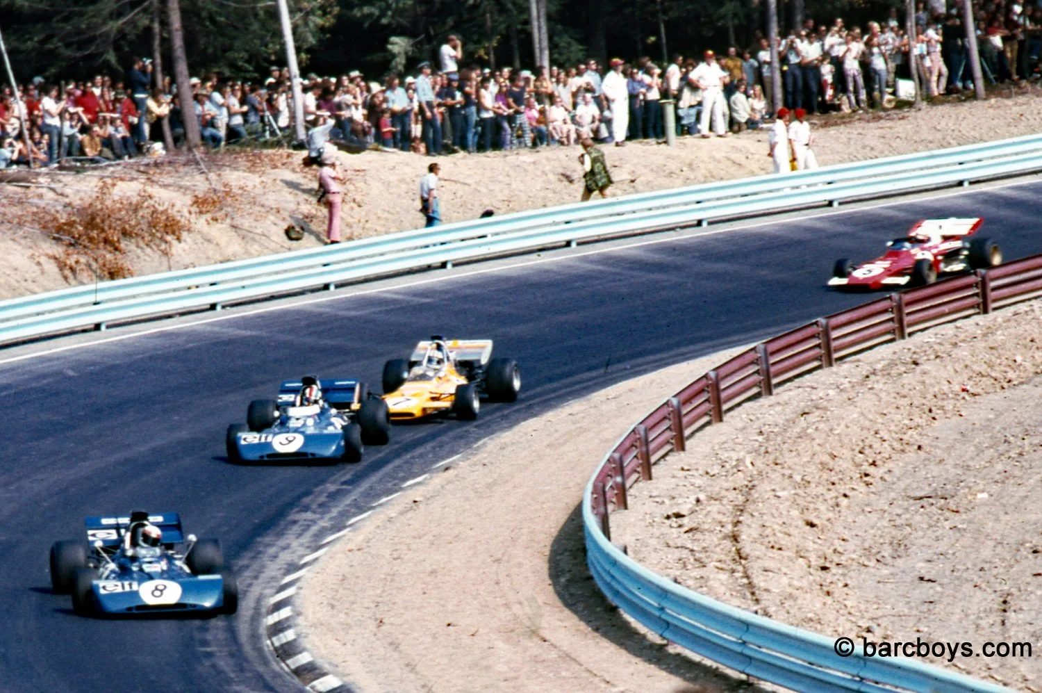  The fast right hand downhill leading to the toe of the boot.  Stewart leads Cevert who is pressed hard by Denny Hulme with Clay Regazzoni’s Ferrari chasing. 