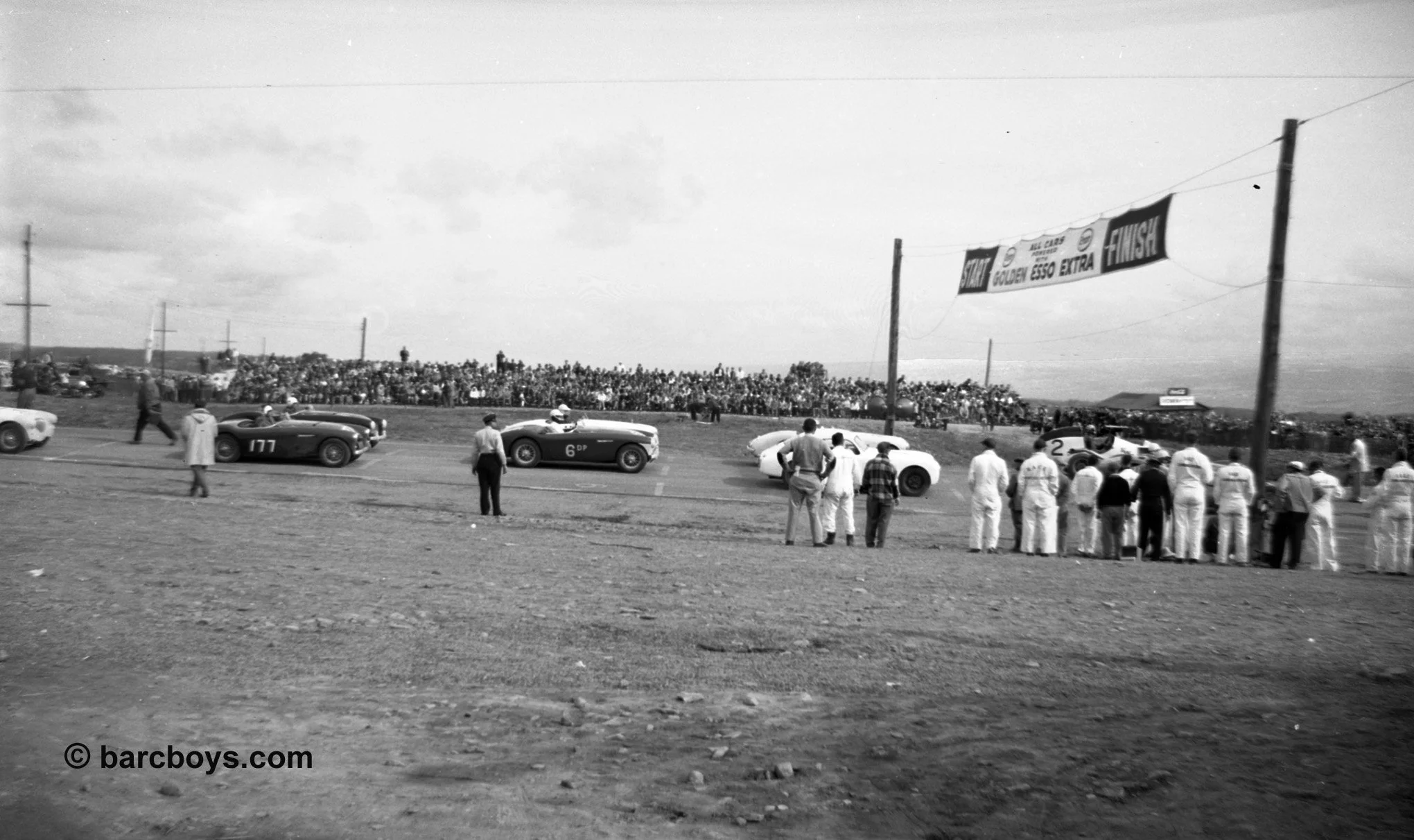 The grid for the he first race on the new course, the Seneca Cup. This field was basically unrestricted, but most cars were DP Healey’s, Triumph’s and a couple Morgans. You can see Bill Millikens’s monster 4WD Archie Butterworth #2. The race was