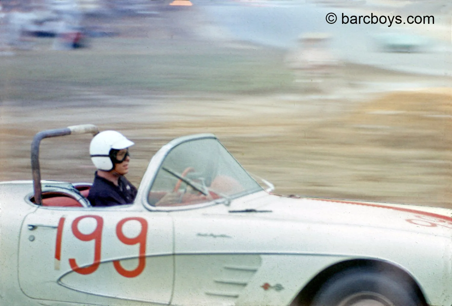  Corvette driver Roy Tuerke was in his first year racing Vette’s.  He finished 6th.  Note the hasty #1 in front of his customary #99.  Oddly, Lou Hatcher in a Jag XK150 won the race beating the Nicky Cev Corvette driven by Jim Jeffords.  Wish I had a