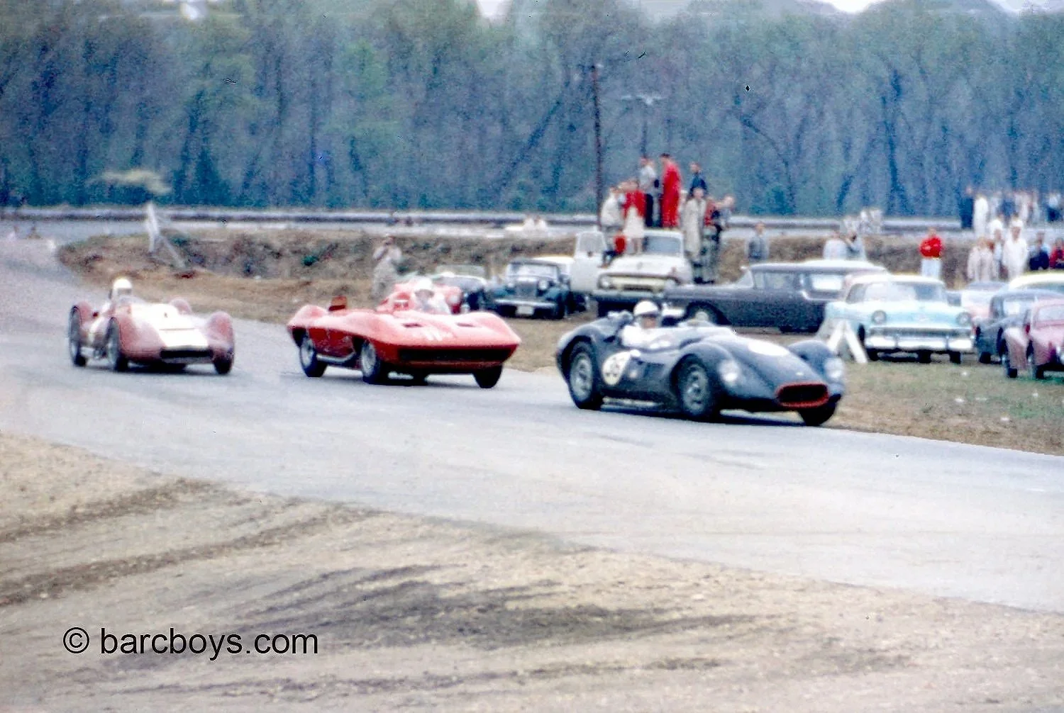  The race is on and Fred Windridge in the Kelso Lister Chev leads Thompson’s Stingray and Bob Columbosian’s Lister-Bristol.  A fun show showing how spectators watched this April race and the cars they drove. 