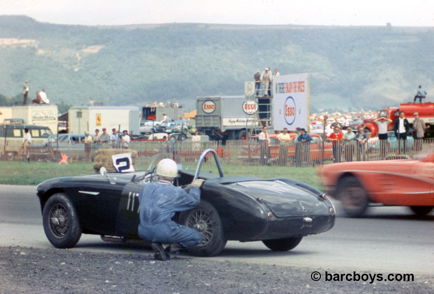  Henry Grimes kneels next to his Austin Healey as a Corvette races past.  Henry finished enough laps to be considered a finisher and was 5th in DP. 