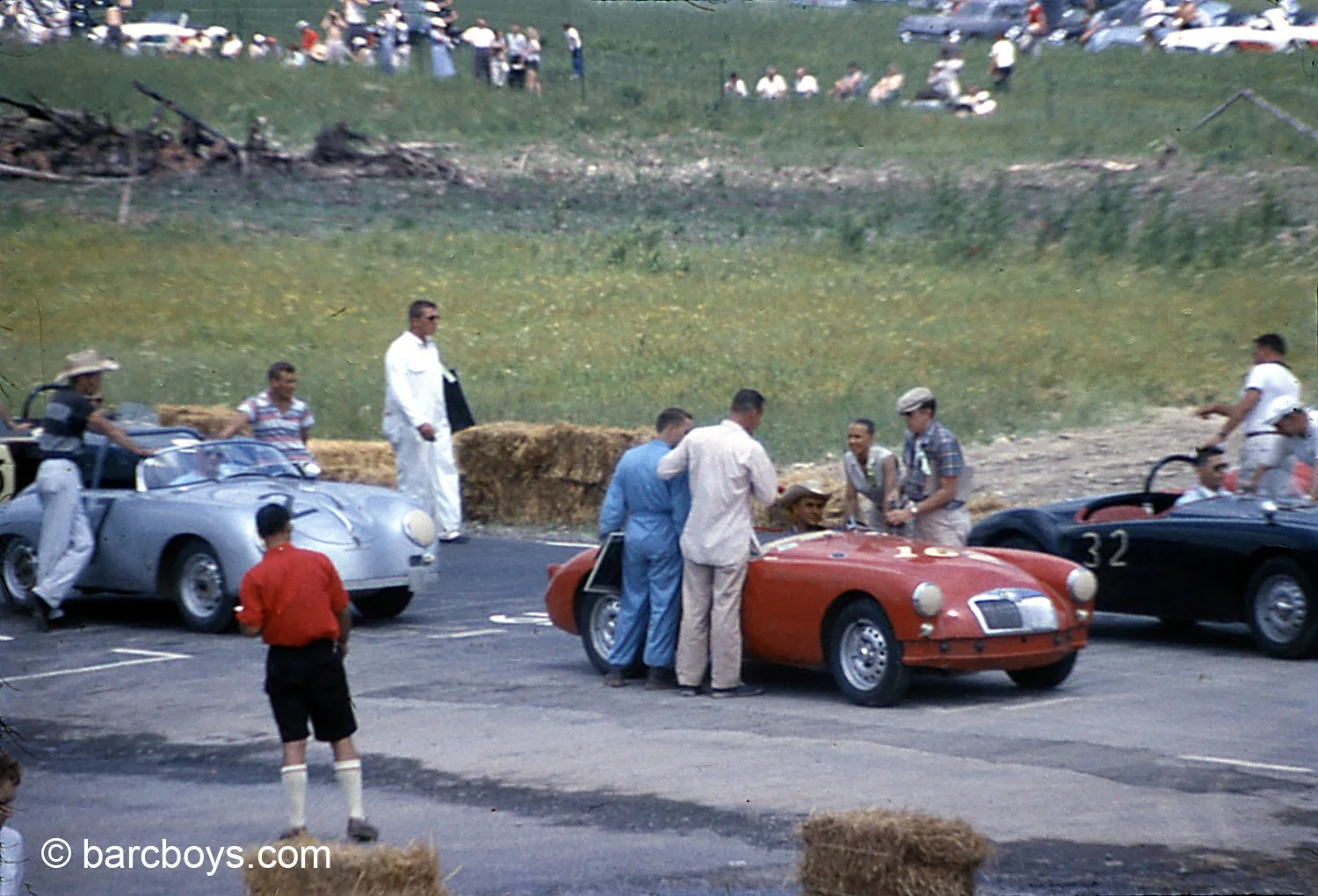  BARC mentor Sherm Decker wears a cowboy hat in his twincam MGA.  Sonny Gibbons is next to him in another twincam.  The only time Decker was beaten in MG’s was when he broke down or the Porsche Carrera’s showed up before they were reclassified to go 