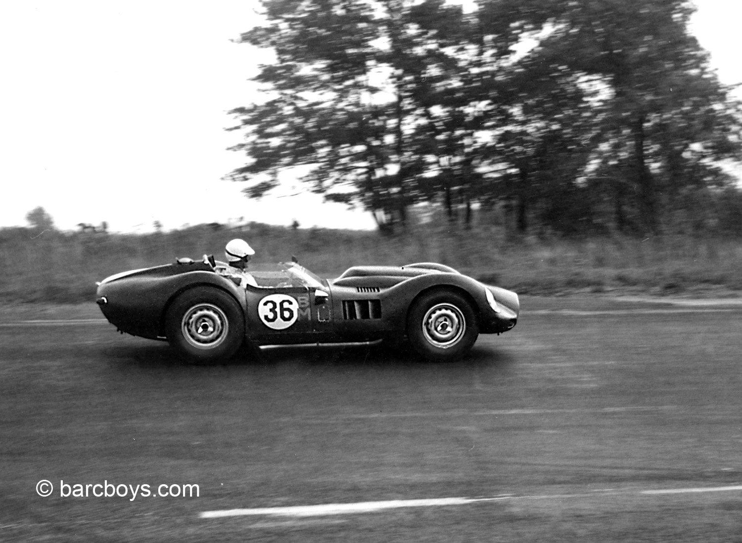  The fearsome Kelco Chev in the hands of Freddy Windridge.  Fred led to the chicane but the car failed him soon after.  The BARCBOYS gave Fred a cigarette when he abandoned the car. 