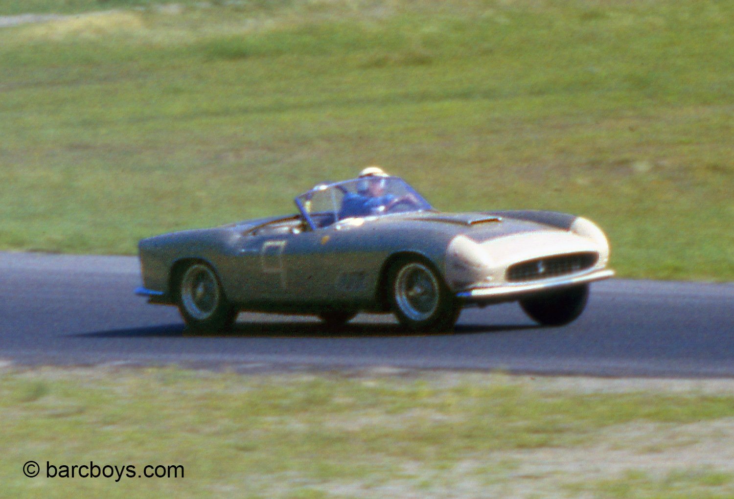  Bob Grossman in the Ferrari California he drove from his dealership in Nyack.  Bob would often tape the front of his cars to avoid stone chips.  After all, his cars were always for sale.  He easily beat the Vettes on this challenging course. 