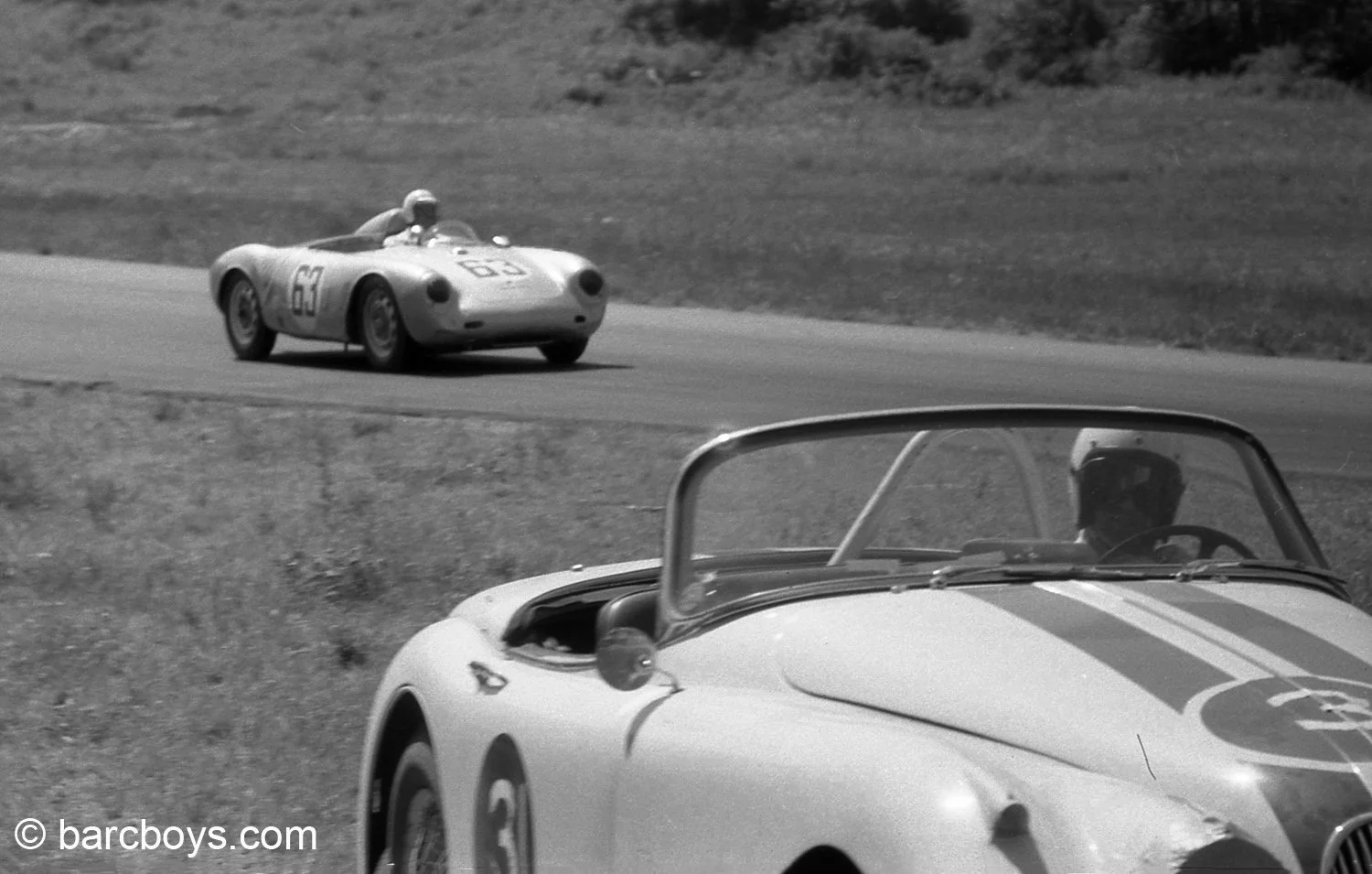 Taken in practice, the #31 XK-150 was entered, but without a name to the driver.  The car failed in practice and never made the race.  Behind is Phil Forno in the Cunningham Porsche 550. 