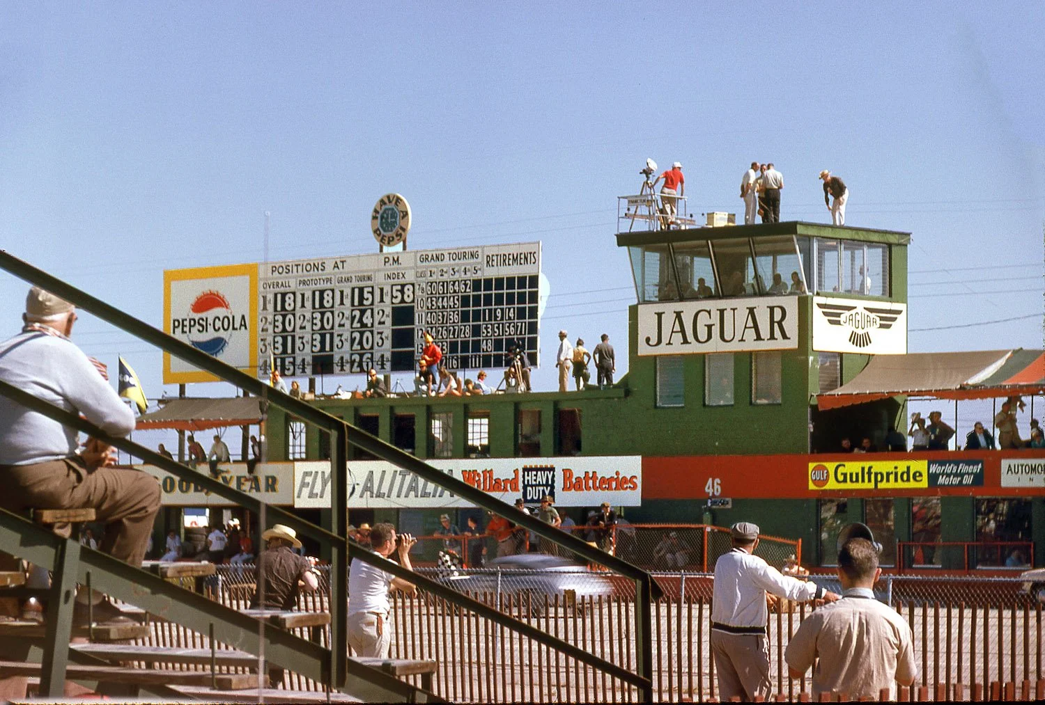  1963:  Early on the leaderboard shows the Rodriguez boys leading in #18 with the eventual 1st and 2nd place Ferrari’s behind.  At this point Dan Gurney is leading GT in a Cobra with the Ferrari GTO of Roger Penske and Augie Pabst second.  The Cobra 