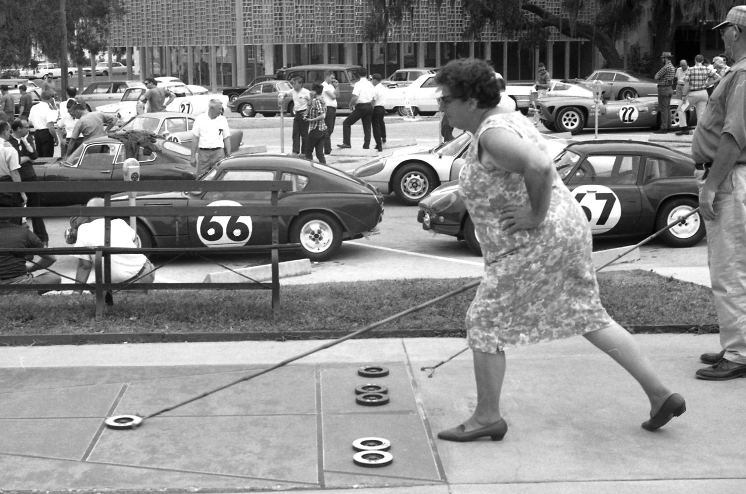  1965:  Some parts of Sebring simply accepted the race and went on with their daily lives.  Retired folks and shuffleboard were very popular.  Note the perfect Olympic form of the woman who is ready to push off. 